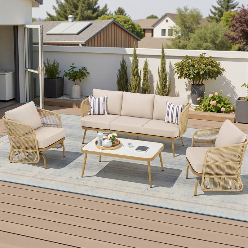 Pocassy Patio Sofa Glider Chair with Coffee Table - Yellow Wicker Beige Cushion - 4-Piece 3-Seat Sofa Glider Chair with Coffee Table