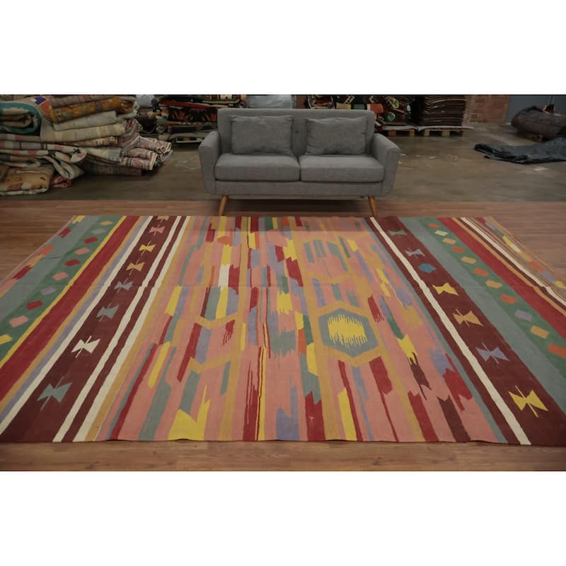 Hand Woven Oriental 100% Wool Carpet Southwestern Tribal Multi-Colored Kilim Area Rug - 11' 10'' X 8' 9''