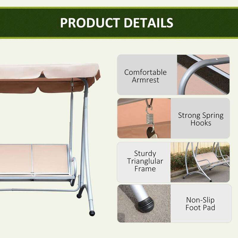 3-Seat Porch Swing, Adjustable Canopy, Breathable Seat, Steel Frame