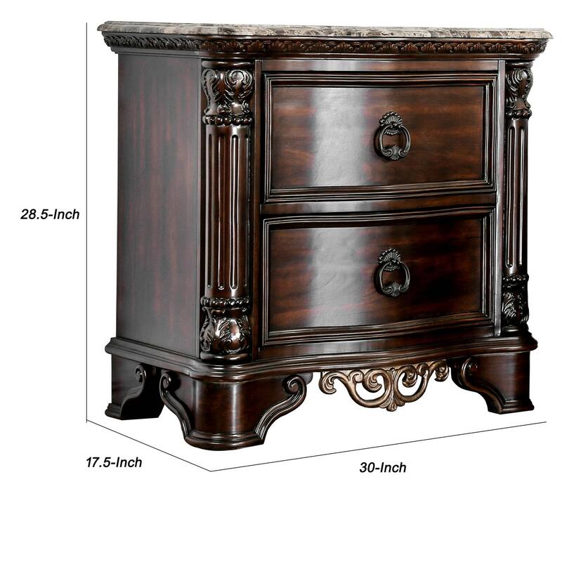 Transitional Wood Night Stand With Genuine Marble Top, Brown