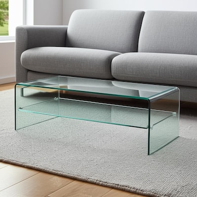 HomeRoots 43" Clear Glass Sled Coffee Table With Shelf - 43 in. x 16 in. x 24 in.