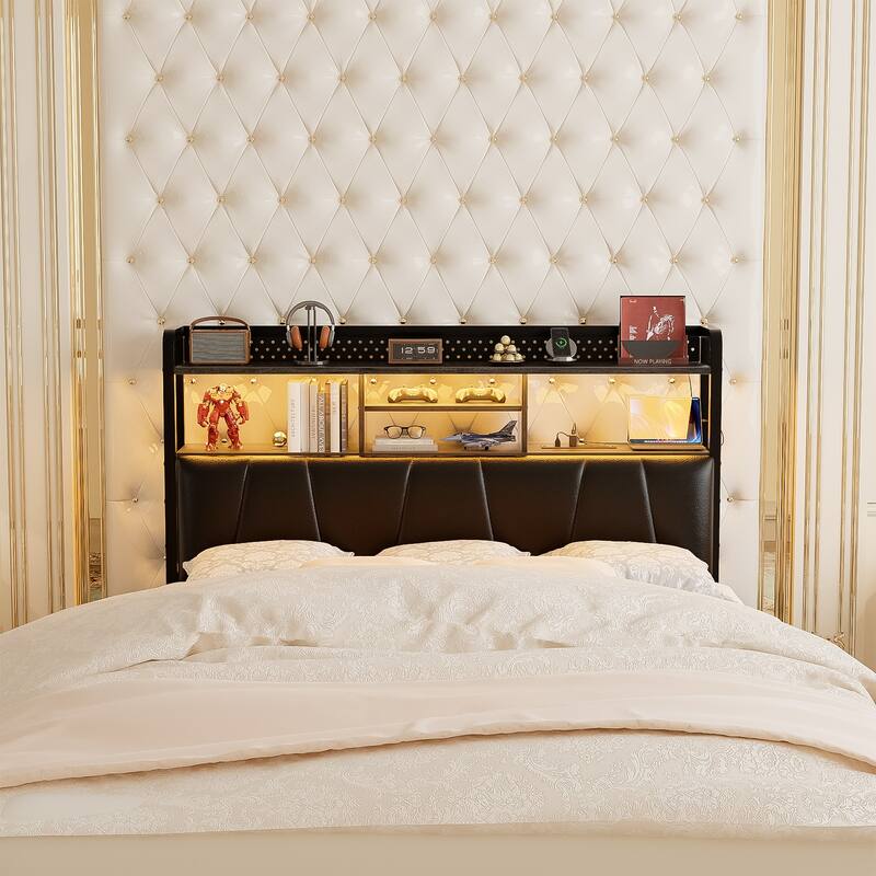 Upholstered Headboard with Pegboard and Charging Station, Storage Headboard Shelves and LED Light