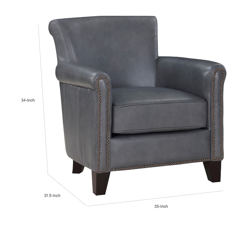 Tria 35 Inch Accent Chair, Gray Top Grain and Split Leather, Solid Wood