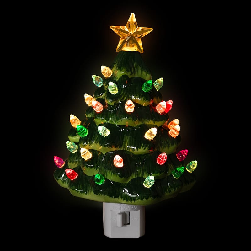 Retro Christmas Tree Ceramic Night Light - 7" - Green