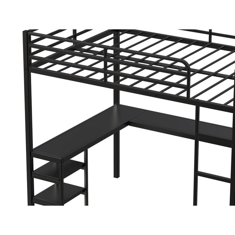 Full Size Loft Bed with L-Shaped Desk, Open Shelves, and Safety Guardrails, Heavy Duty Metal Frame, Black