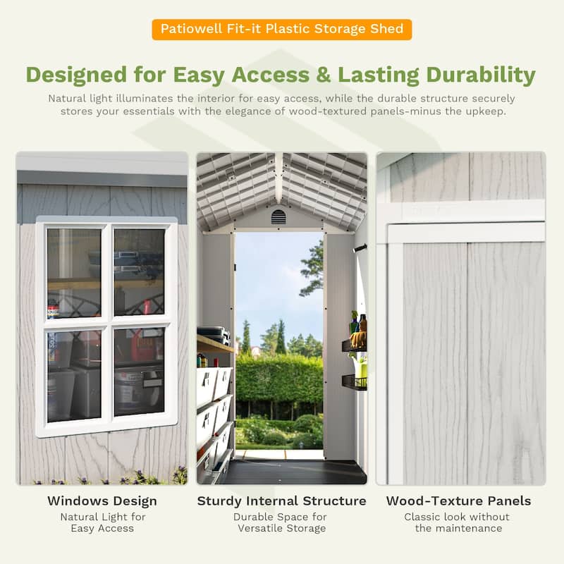 Patiowell 6'x 4' & 4'x 4' & 4'x 8' Plastic Outdoor Storage Shed, Resin Shed with Floor, White