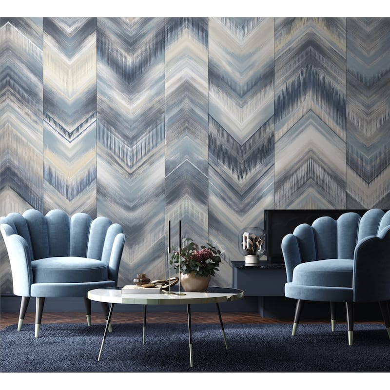 Modern Chevron Pattern Wallpaper Mural - Blue - W:175" x H:118"
