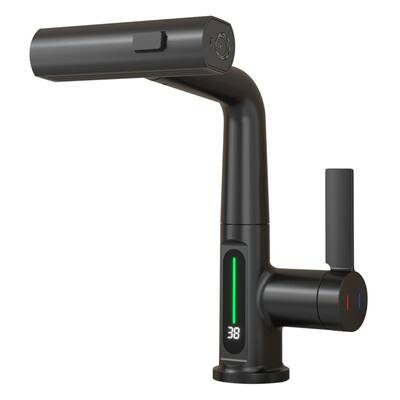 Single Handle LED Temperature Digital Display Bathroom Faucet with Pull-Out Lift Waterfall Bathroom Sink Faucet Matte Black