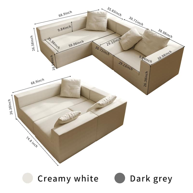 Corduroy Chaise Sectional Couch Convertible into Sleeper Sofa Bed, Deep Seating Modular Compression Sofa for Living Room