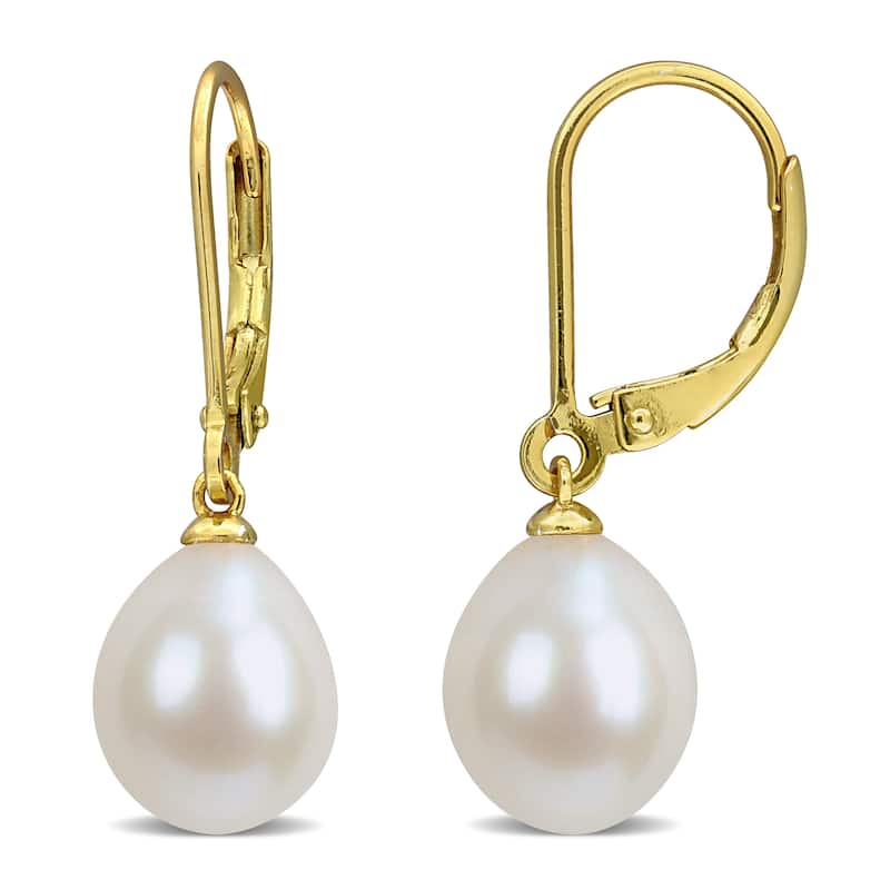 Miadora 8.5-9mm Cultured Freshwater Pearl Leverback Earrings Yellow Plated Sterling Silver