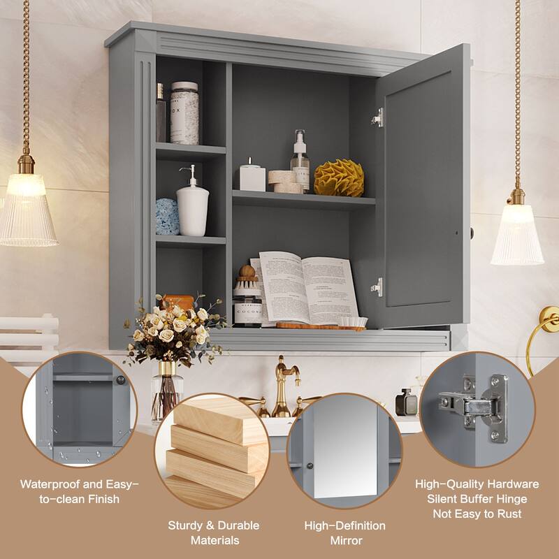 Mirror Cabinet with 6 Open Shelves, 35'' x 28'' Wall Mounted Bathroom Storage Cabinet, Grey