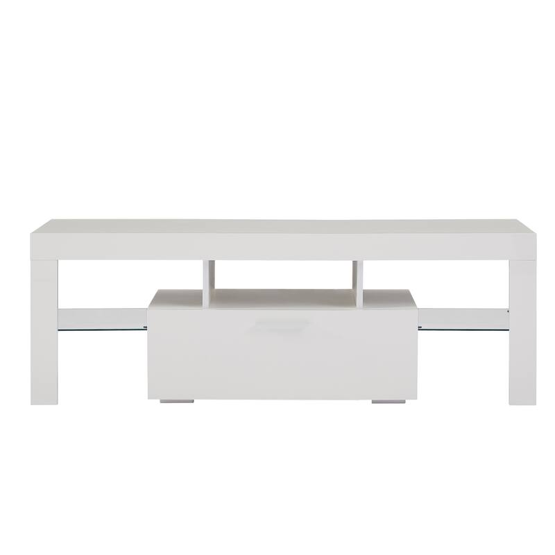 GDF Studio - Modern White Particle Board TV Stand with LED Light Belt and Glass Shelf