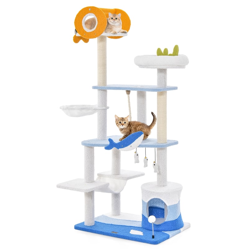 Petsite Ocean-themed Cat Tree Tower with Sisal Covered Scratching - See Details - Blue - See Details