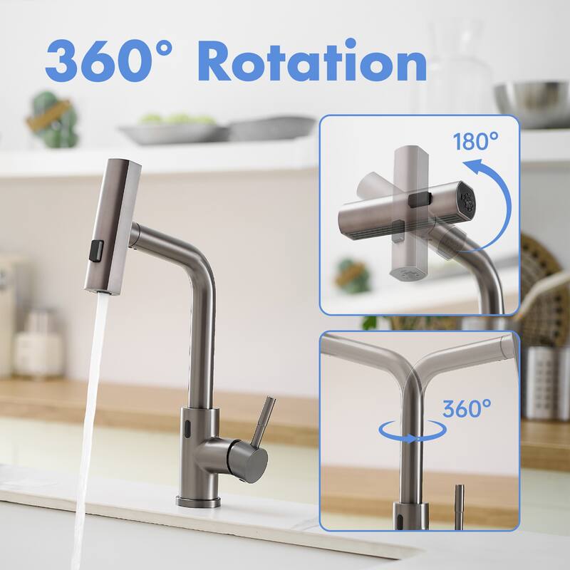 Single Handle 14.5 in. Pull Out Sprayer Touchless Kitchen Faucet with 360° Swivel Spout 1-Hole Basin Sink Tap
