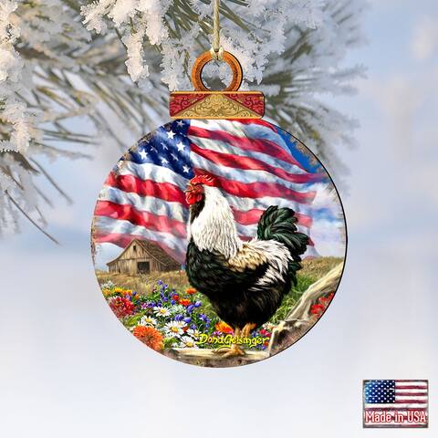 Set of 2 Rooster American Flag Wooden Christmas Ornaments 5.5"