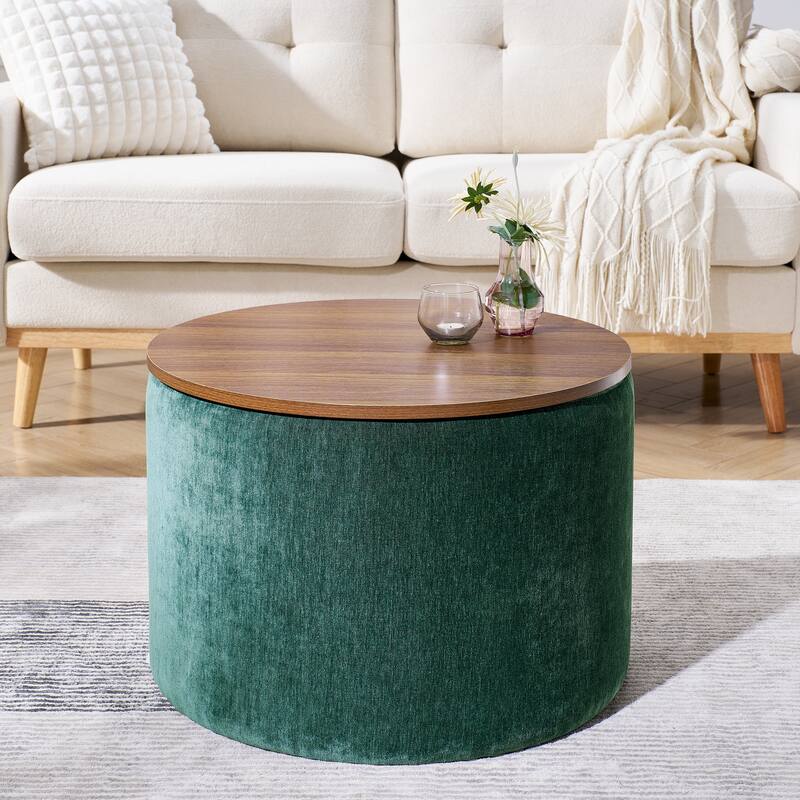 2-Piece Set Round Chenille Storage Ottoman, Equipped with a Drum Shaped Small Stool, Storage Space, and MDF Made Desktop Panel