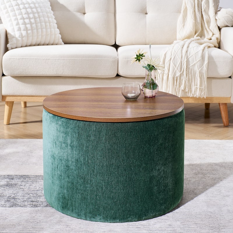 2-Piece Set Round Chenille Storage Ottoman, Equipped with a Drum Shaped Small Stool,Storage Space