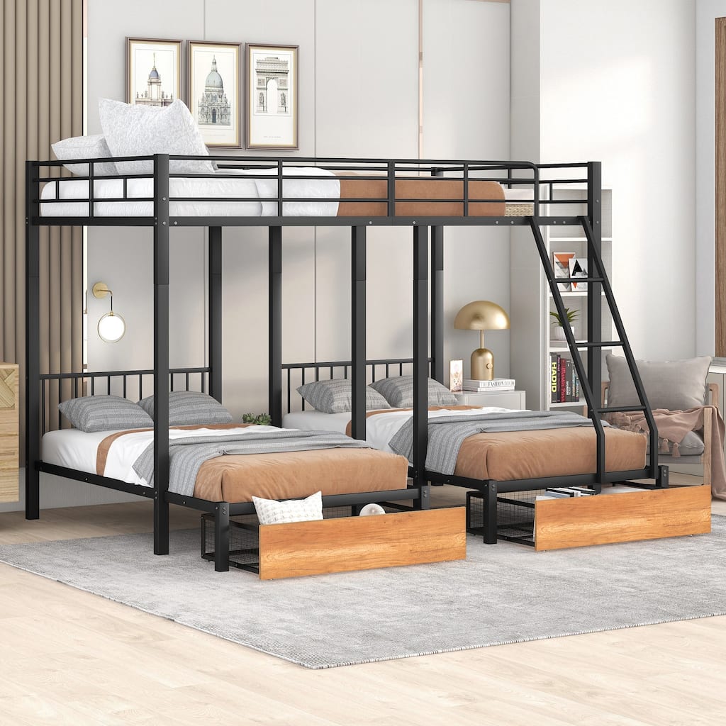 Black Full Over Twin & Twin Metal Triple Bunk Bed with Drawers, Guardrails, Convertible