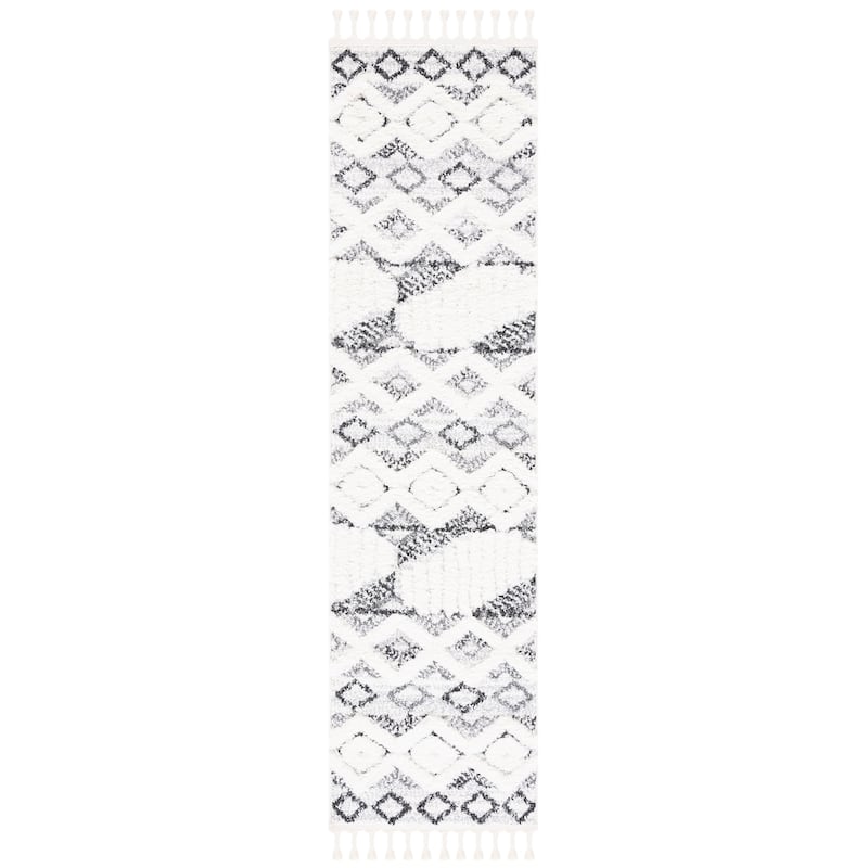 SAFAVIEH Moroccan Tassel Shag Margarite 2-inch Thick Rug - 2'3" x 8' Runner - Ivory/Grey