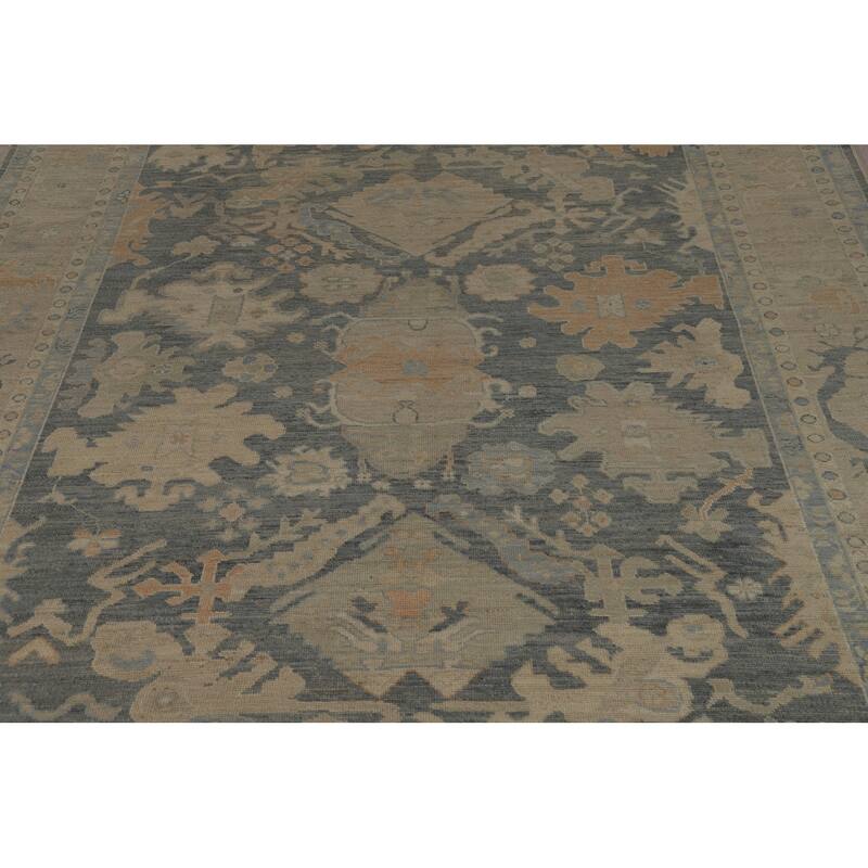 Vegetable Dye Oushak Turkish Rug Hand-Knotted Grey Wool Carpet - 9'2" x 11'10"