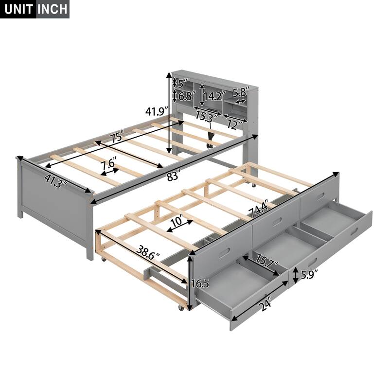 Twin Size Platform Bed with Storage Headboard, USB, Twin Size Trundle and 3 Drawers
