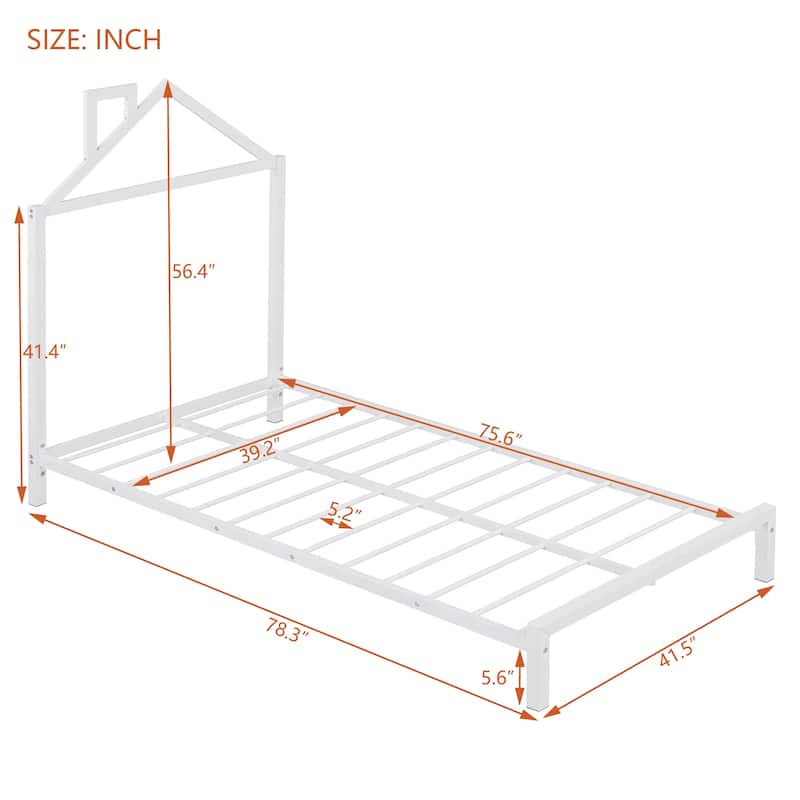 Roomfitters Twin Size Metal Platform Bed with House-Shaped Headboard Design
