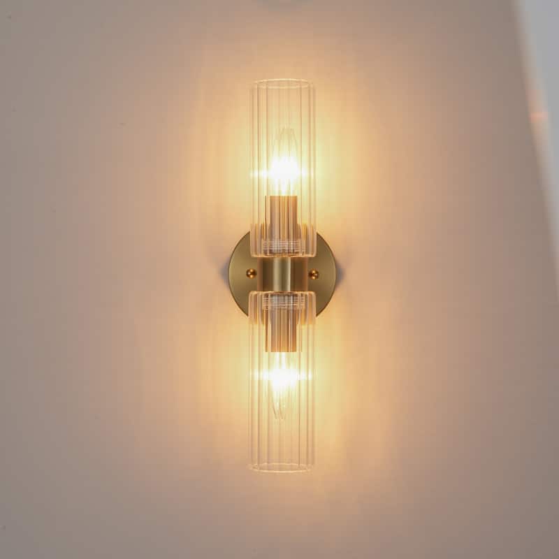 2-Light Modern Luxury Ribbed Glass Tube Gold Wall Sconce for Bedroom - 4.7 in. W x 4.3 in. D x 16 in. H