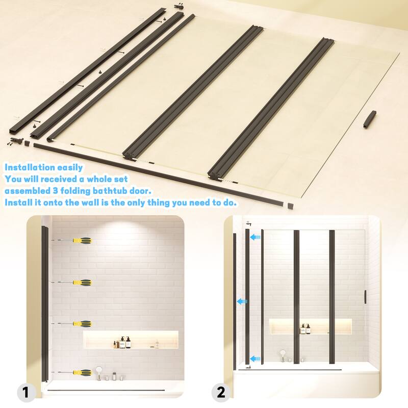 Foldable Hinged Pivot Tub Door in Matte Black with Clear Tempered Glass