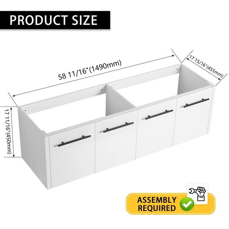 Modern 60 Inch Wall-Mounted Bathroom Vanity Base with Soft-Close Doors, No Sink Included