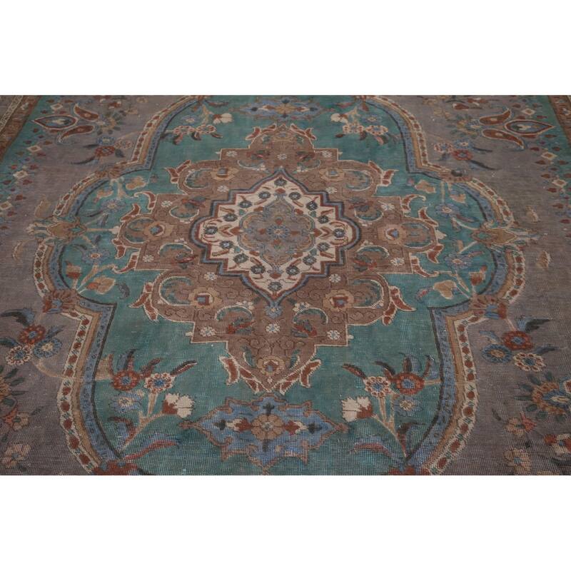 Gray Geometric Tabriz Persian Antique Area Rug Handmade Wool Carpet - 10'1" x 12'7"