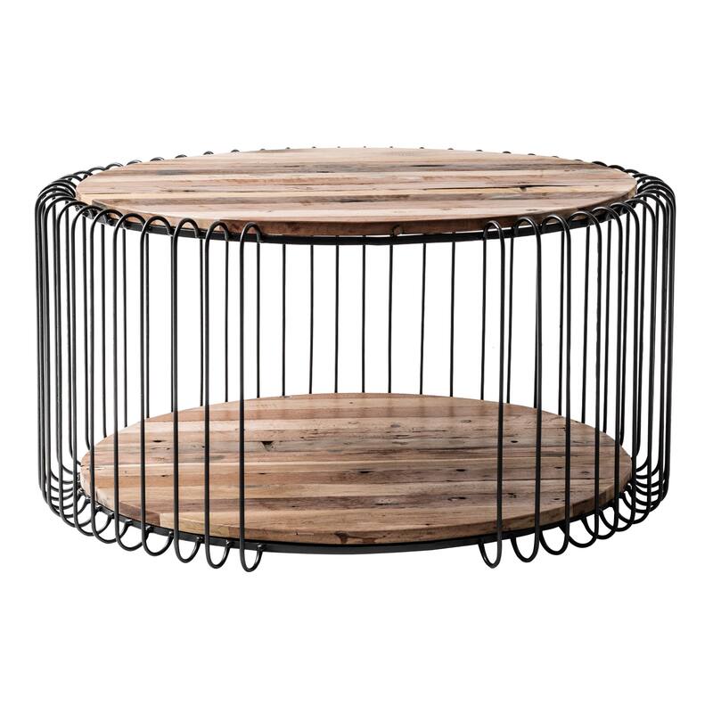 HomeRoots 32" Black and Natural Reclaimed Wood and Iron Round Coffee Table - 15.75" H x 31.5" W x 31.5" D