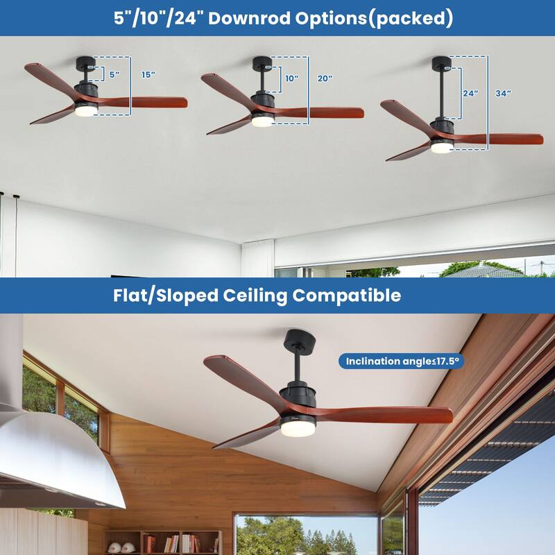 60" Wood Ceiling Fan with LED Light and Remote Control, Reverse Functions - 60 Inch