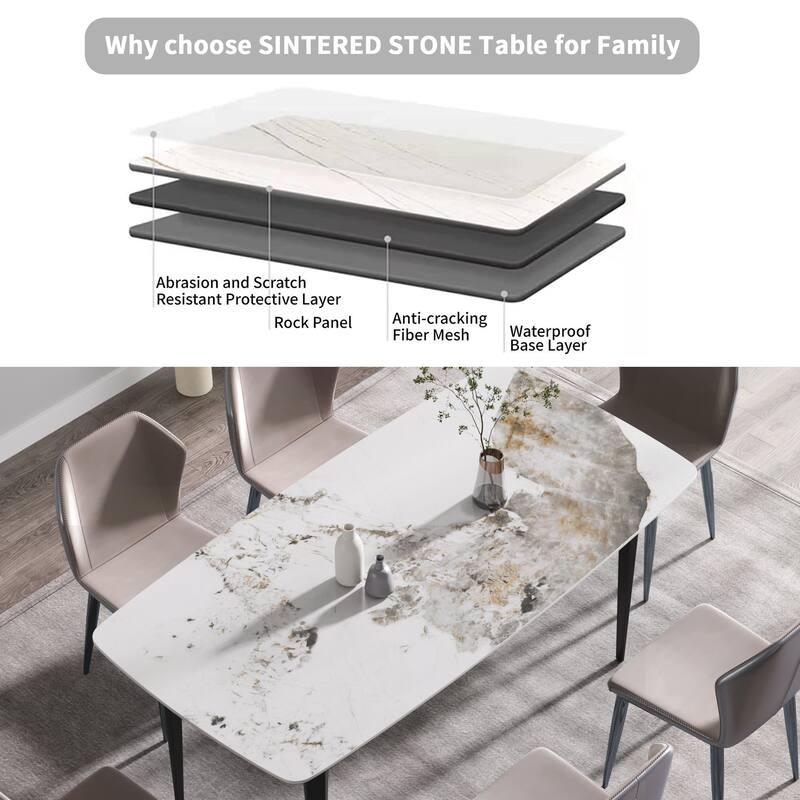 70.87"Modern artificial stone Pandora white curved black metal leg dining table-can accommodate 6-8 people