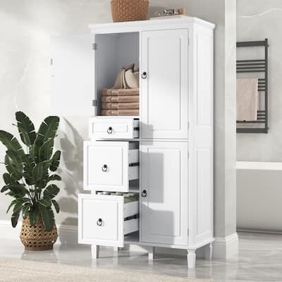 Modern Bathroom Storage Cabinet with Drawers and Adjustable Shelves, Wood Freestanding Floor Cabinet