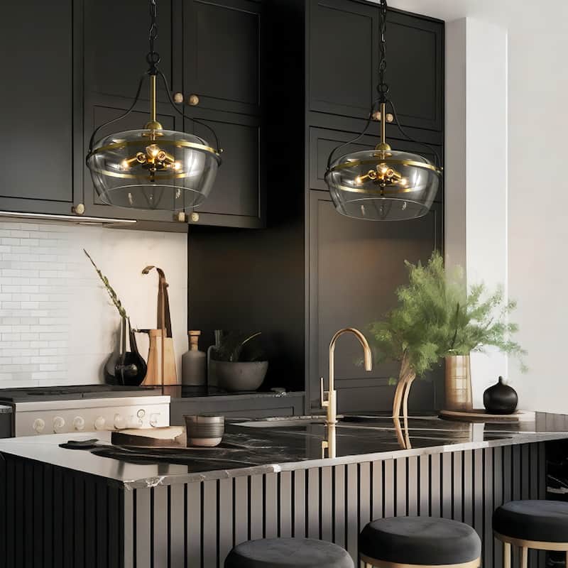 16.2 in. 3-Light Modern Matte Black Pendant Light with Clear Dome Glass Shade For Use in Kitchen Islands, Dining Rooms