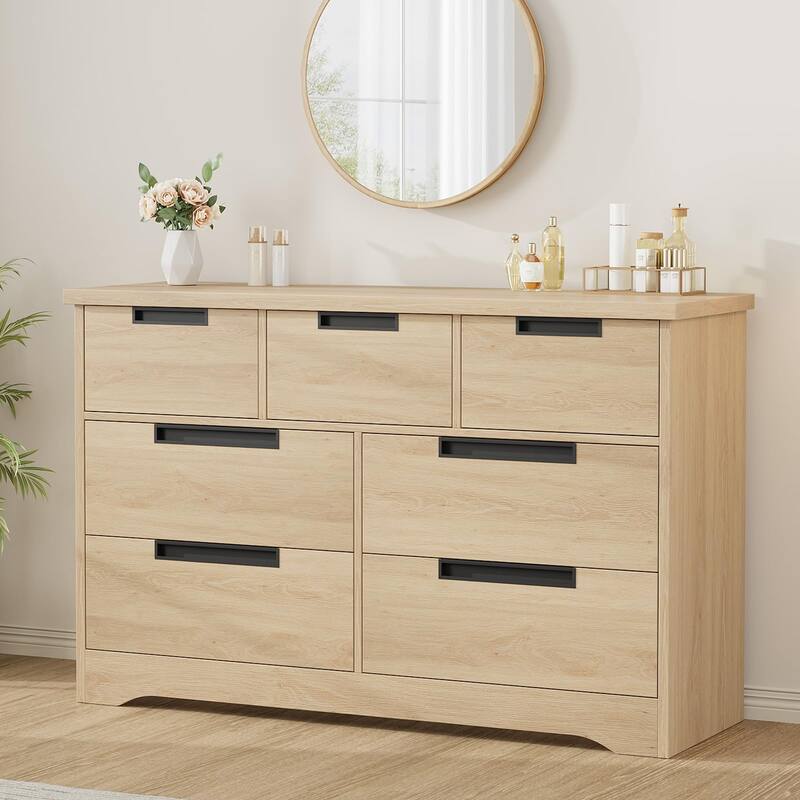 6/7 Drawer Dresser for Bedroom, Wooden Chest of Drawers Double Dresser Organizer with Embedded Handles - 7-drawer - Natural