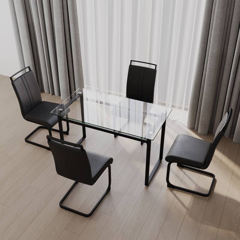 Glass 5-Piece Dining Table Set with 4 PU Upholstered Chairs - Black