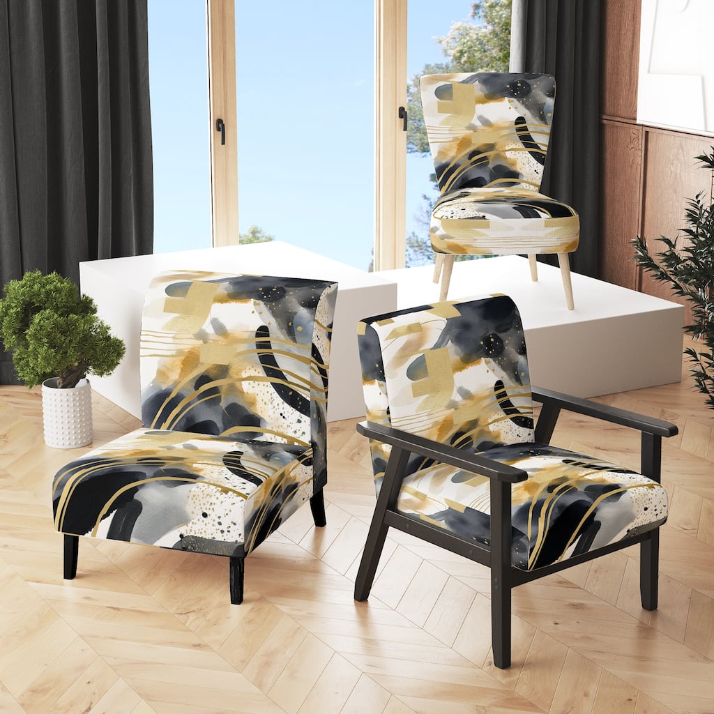 Designart "Pastel Abstract With Blue Black & Gold Spots III" Upholstered Fractals Accent Chair and Modern Arm Chair