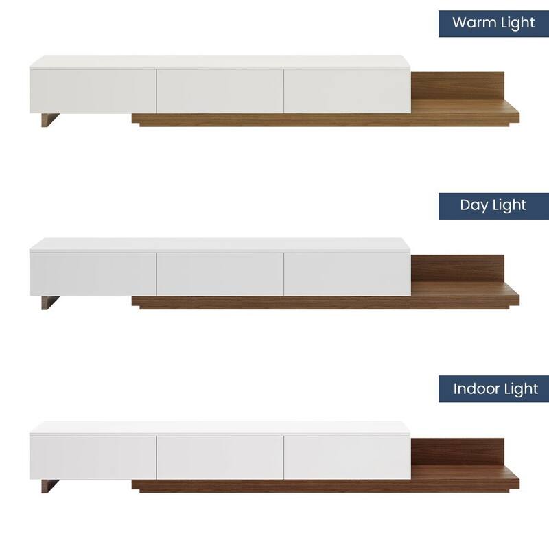 Modern Extendable TV Stand, Solid Wood Media Console for Up to 100 Inch TV with 3 Drawers, Fully-Assembled, Walnut Veneer