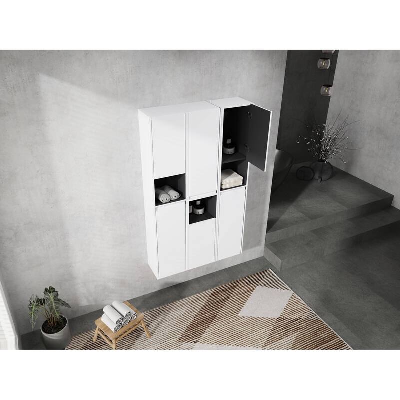 Modern Wall-Mounted Bathroom Side Cabinet with Soft-Close Doors, Floating Design, 6 Storage Compartments, 12-Inch Width