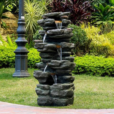 6-Tiers High Rocks Outdoor Fountain with LED Lights for Yard Decor