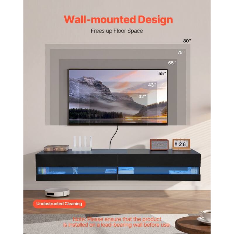 Floating TV Stand, 71 in Wall Mount Entertainment Center with Power Outlet & LED Lights, Modern Floating TV Shelf with 2 Drawers