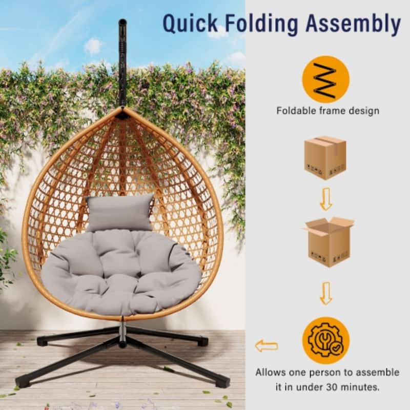 Hammock Chair with Stand - Durable Rattan Egg Chair, Indoor/Outdoor Swing with Removable Cushion for Balcony, Garden