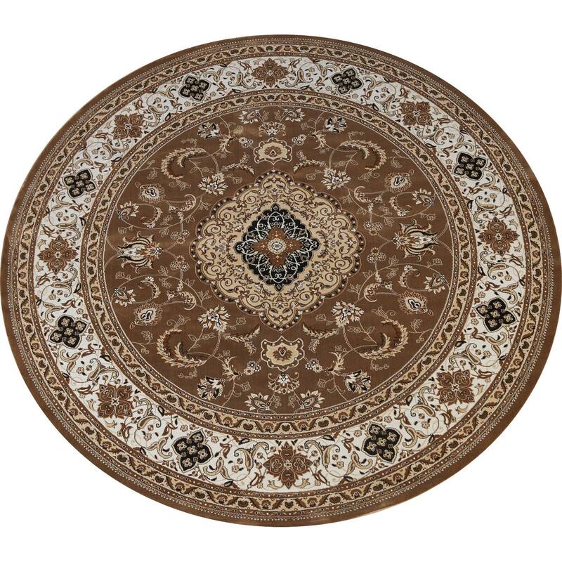 Traditional Brown Floral Oriental Tabriz Area Rug Turkish Carpet - 8'0" x 8'0" Round
