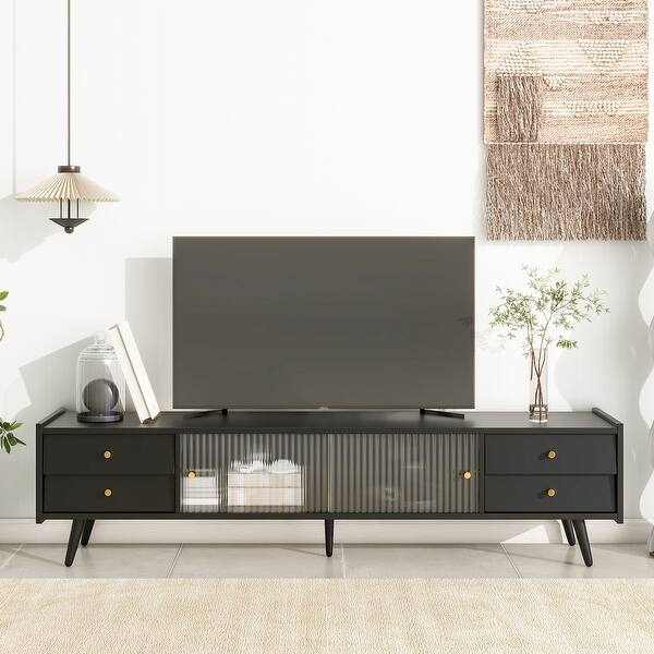 Slanted Console TV Stand TV Console with Sliding Fluted Glass Doors and Slanted Drawers ...