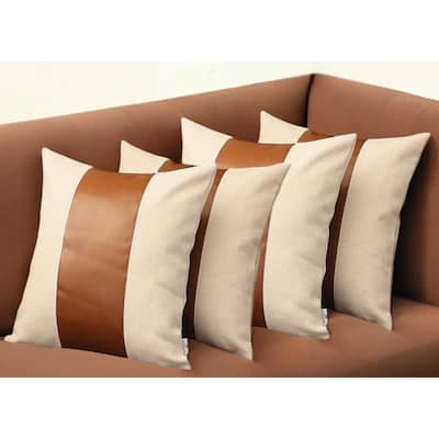 Set of Four 18" Ivory and Brown Color Block Fabric and Faux Leather Throw Pillows