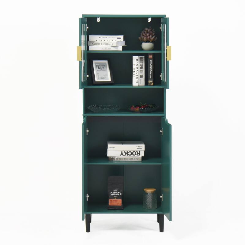 Tall Kitchen Pantry Cabinet with 2 Glass Display Doors & 2 Solid Doors