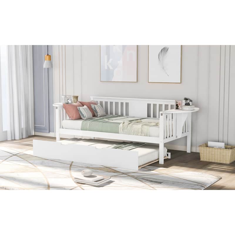 Wooden Daybed with Trundle Bed & Slatted Support, Dual-Use Sturdy Sofa Bed for Bedroom or Living Room