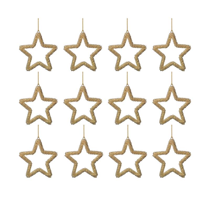 Golden Pearl Star Christmas Hanging Ornaments, Set of 12, 6"