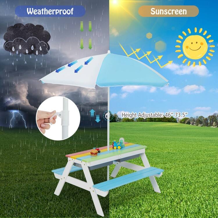 3-in-1 Kids Outdoor Picnic Water Sand Table with Umbrella Play Boxes